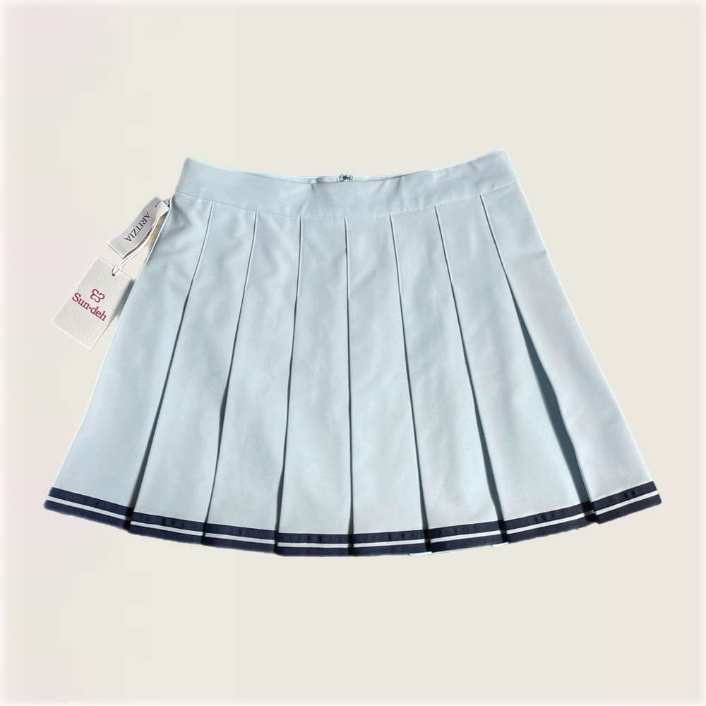 NWT Aritzia Sunday Best Olive Mini Pleated Skirt in Fluid Blue Striped Trim